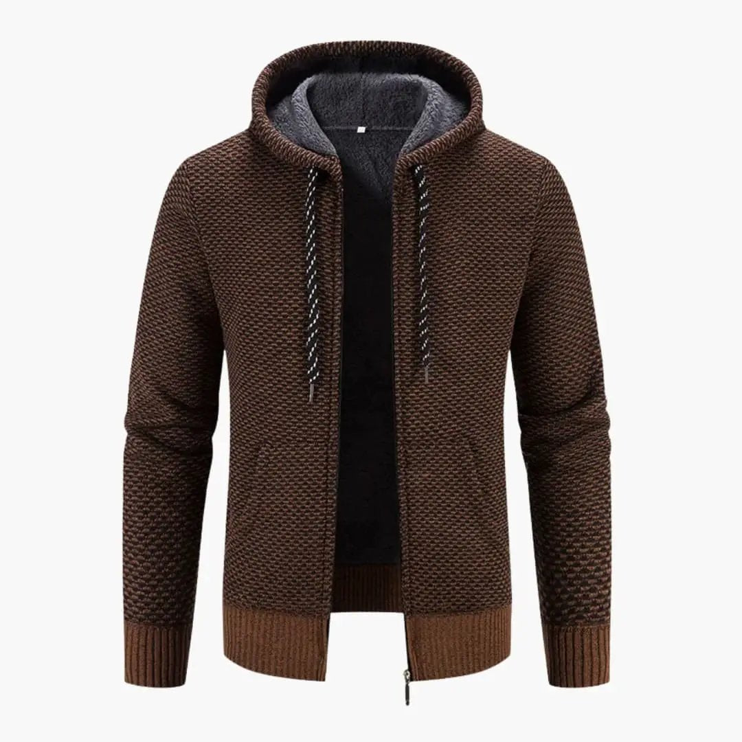 Men’s hooded cardigan in brown textured knit with zipper and pockets by Wilfred Smith
