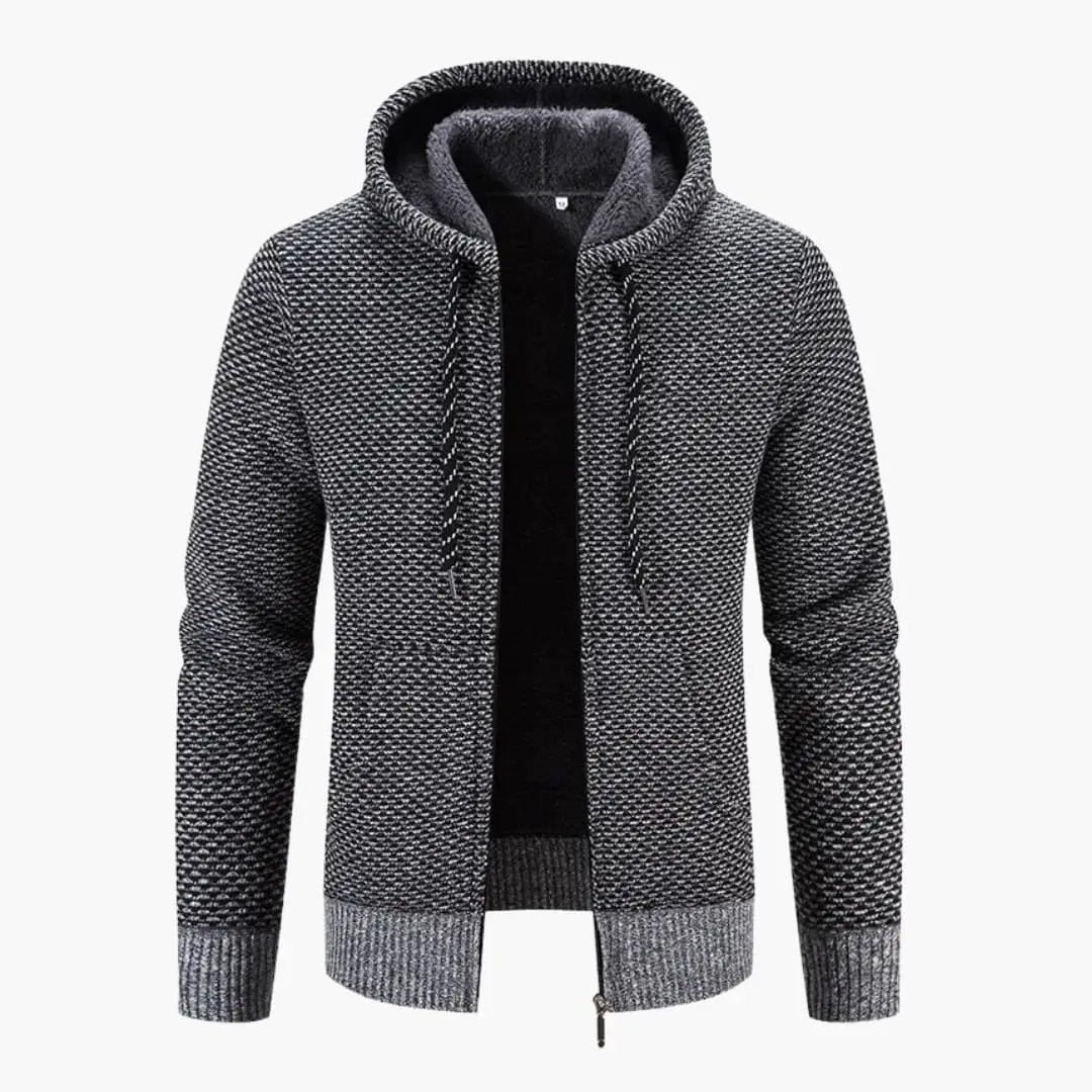 Men’s hooded cardigan in textured gray knit with zipper and pockets