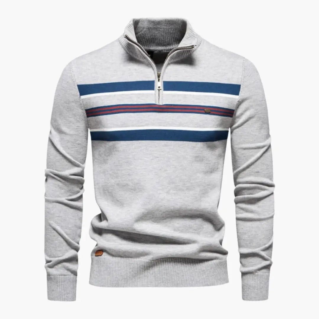 Men's knit sweater with half-zip, Wilfred Smith, heather gray with navy chest stripes