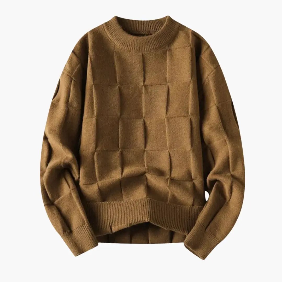 Men's knit sweater with brown checkered pattern, Wilfred Smith