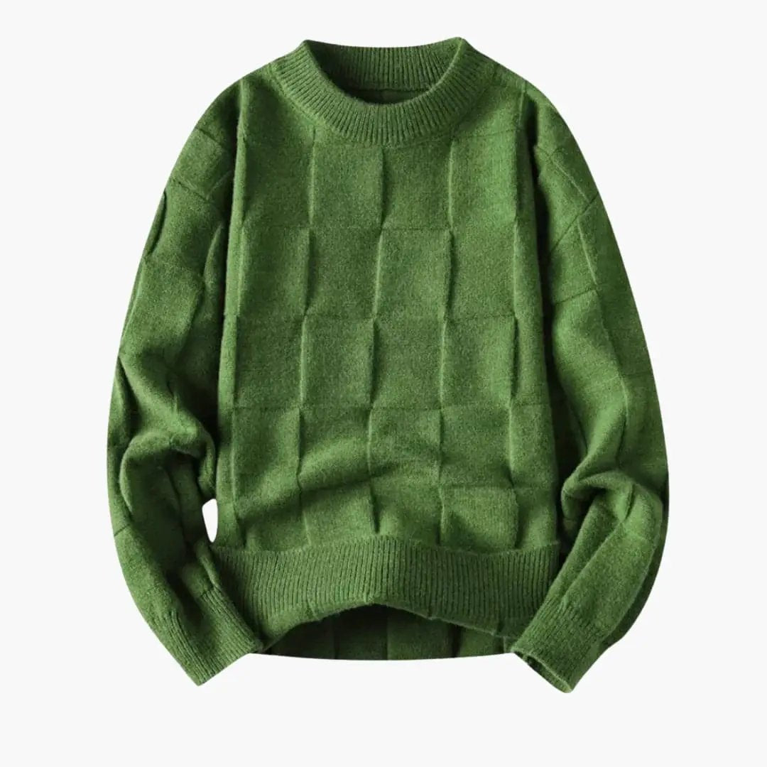 Men's green knit sweater with a checkered pattern.