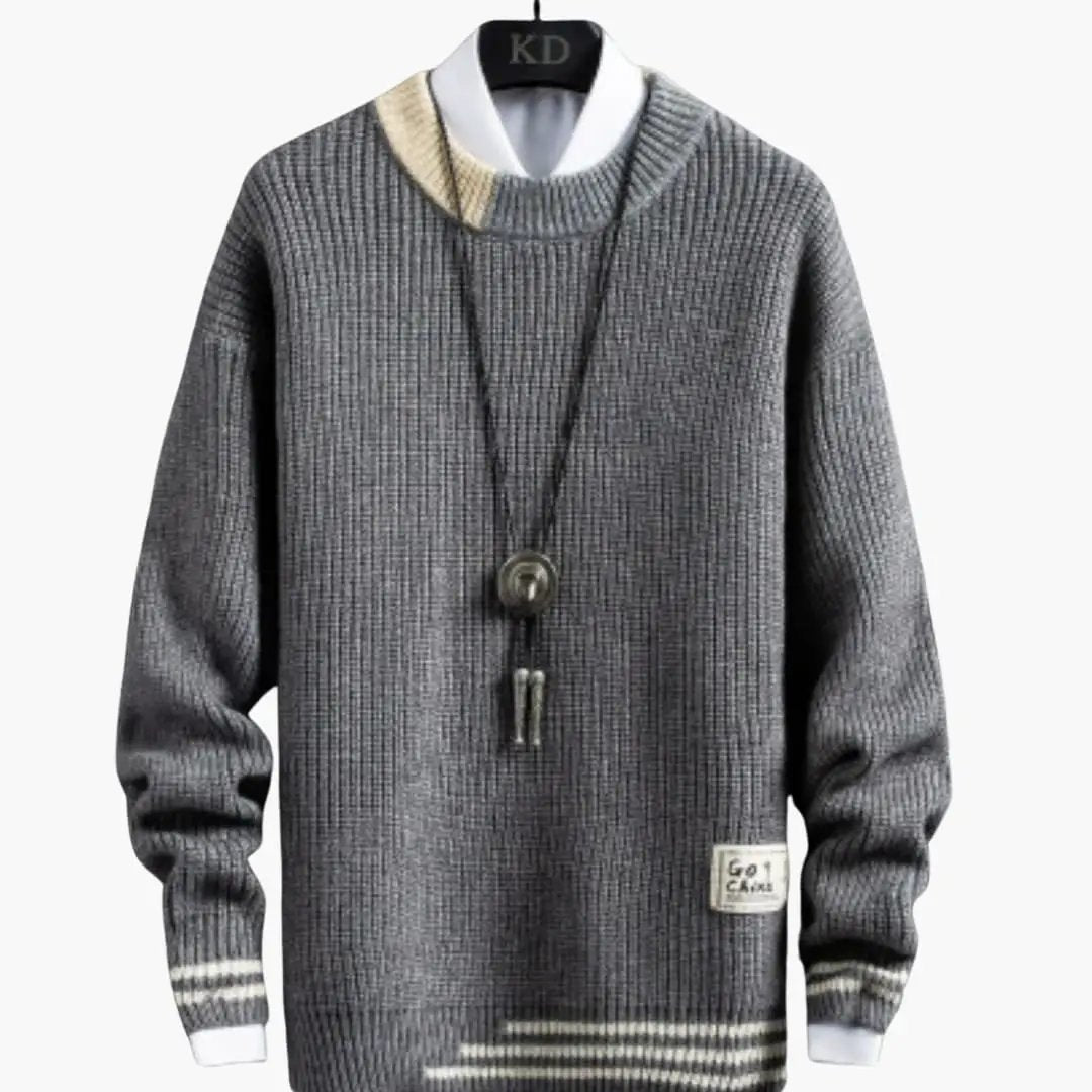 Men's knit sweater by Wilfred Smith in gray, crew neck with ribbed hem.