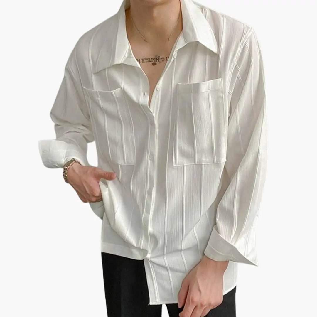 Men's T-Shirt with Round Neck and Ribbed Texture, white ribbed fabric, long sleeves with two chest pockets