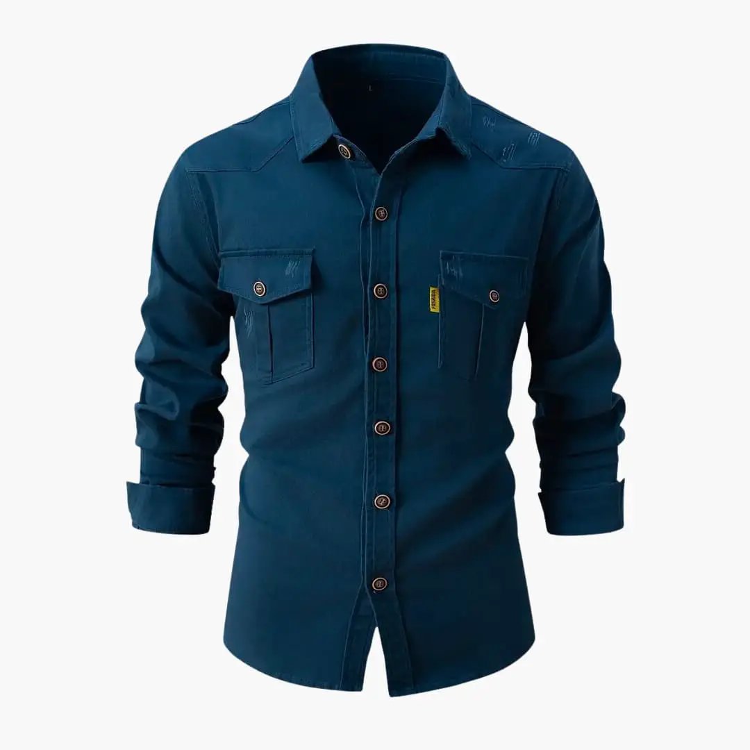 Men's shirt with pockets and button placket; teal long-sleeve, two chest pockets, Wilfred Smith.