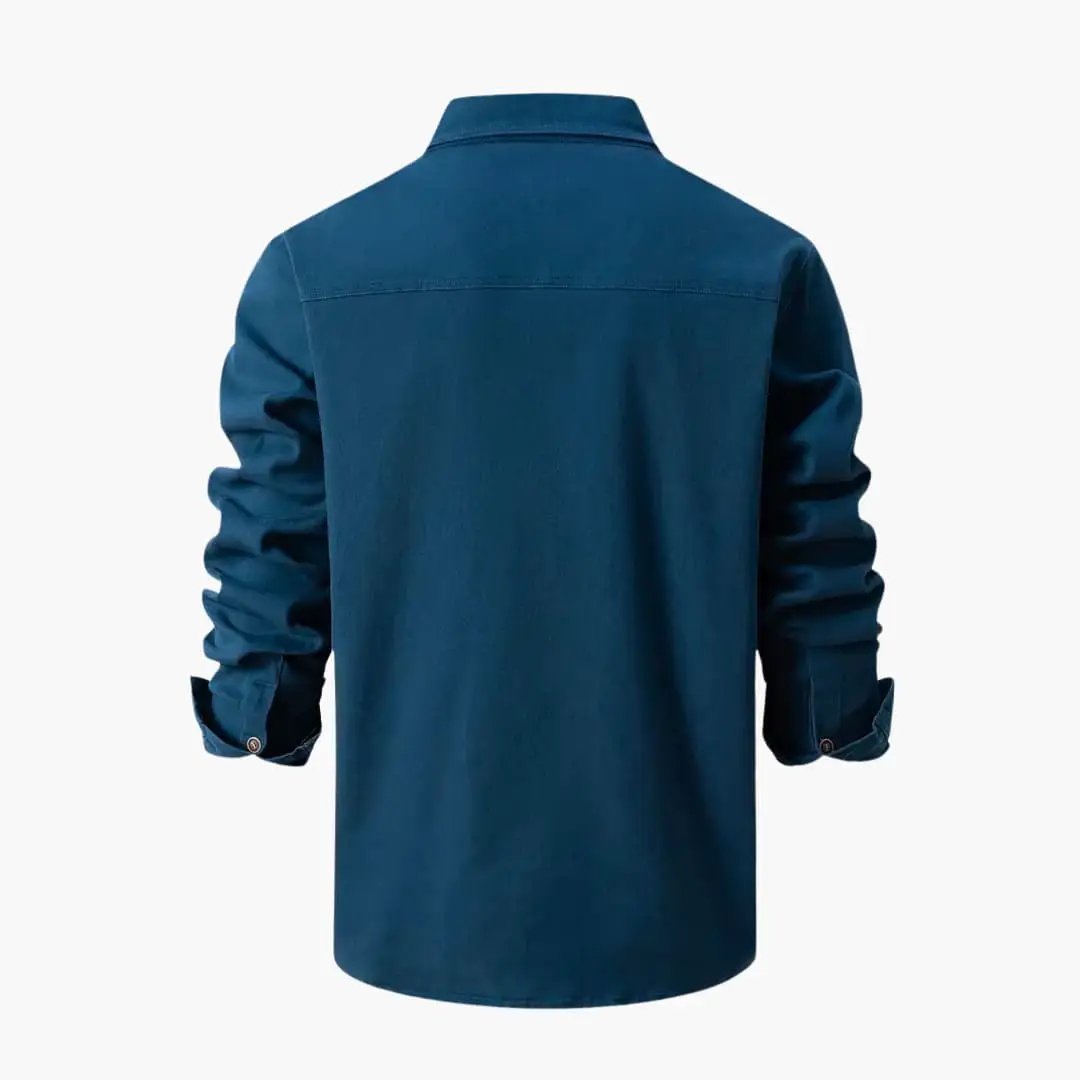Men's Shirt with Pockets and Button Placket by Wilfred Smith, teal blue long-sleeve collared back view.