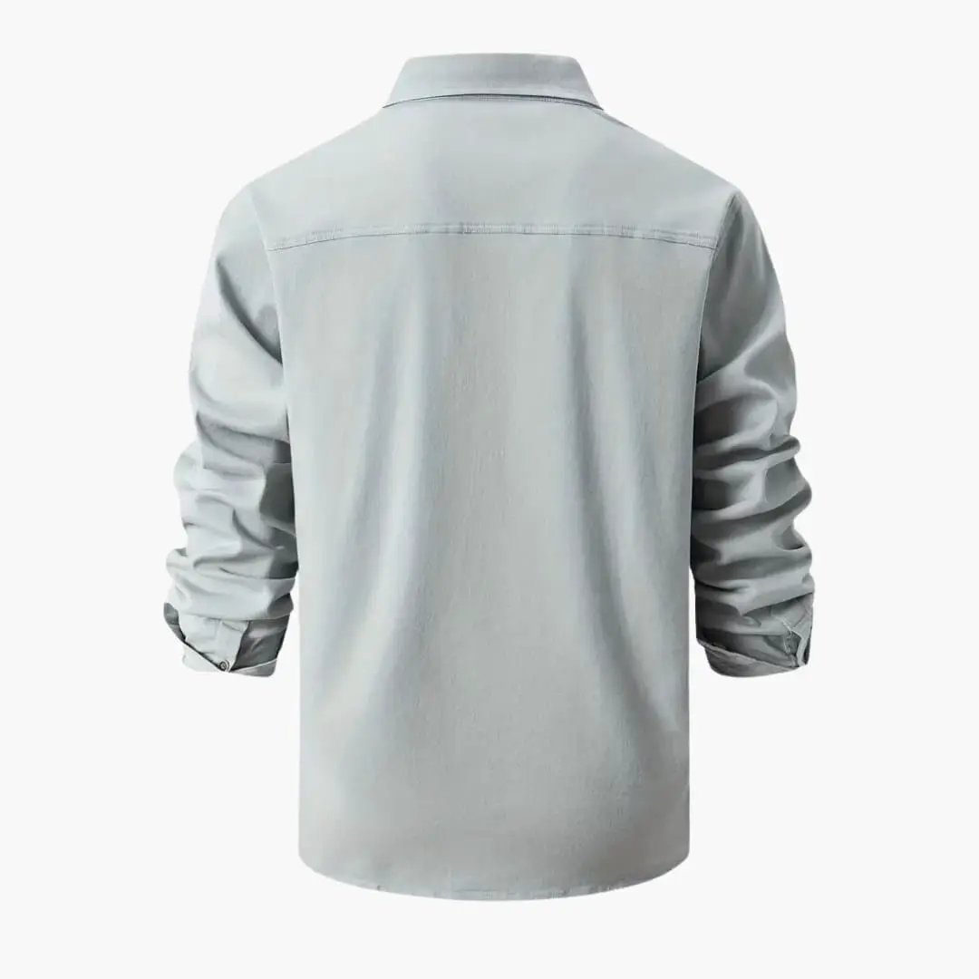 Men's light-blue long-sleeve shirt, back view with collar and rolled cuffs
