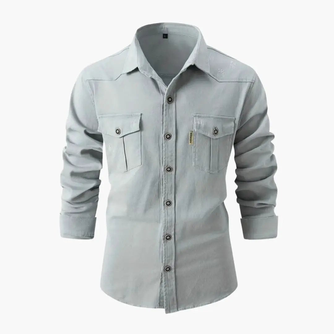 Men's long sleeve shirt with pockets and button placket in light gray, Wilfred Smith