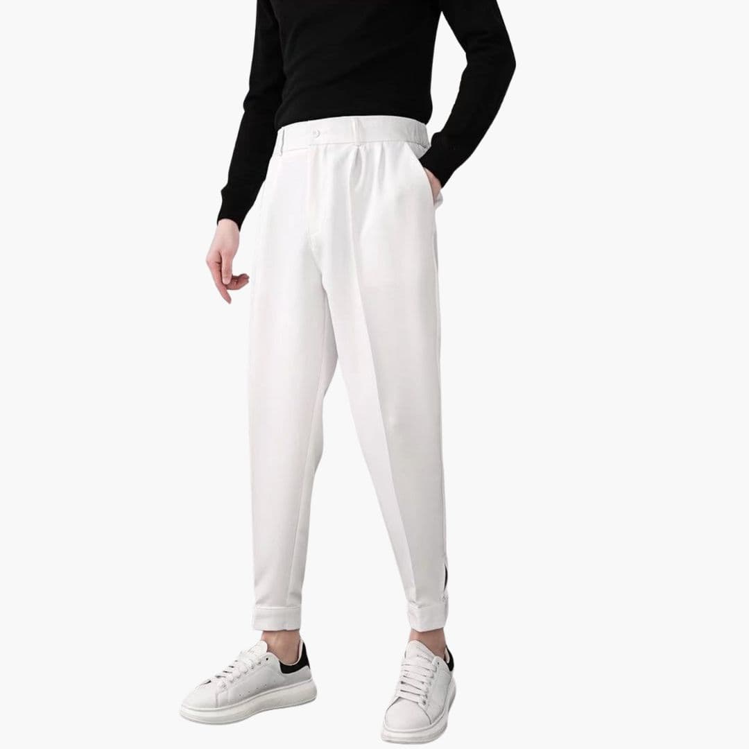 Men's Trousers with Button Closure and Side Pockets, white tapered-fit pants