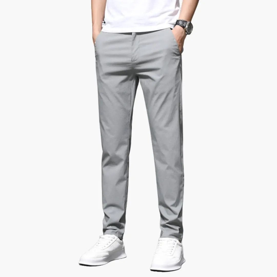 Men's slim-fit gray pants with zipper and side pockets