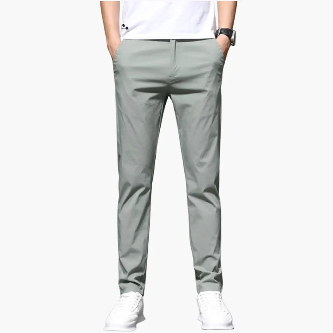 Men's pants with zipper and side pockets by Wilfred Smith, slim fit in light gray.