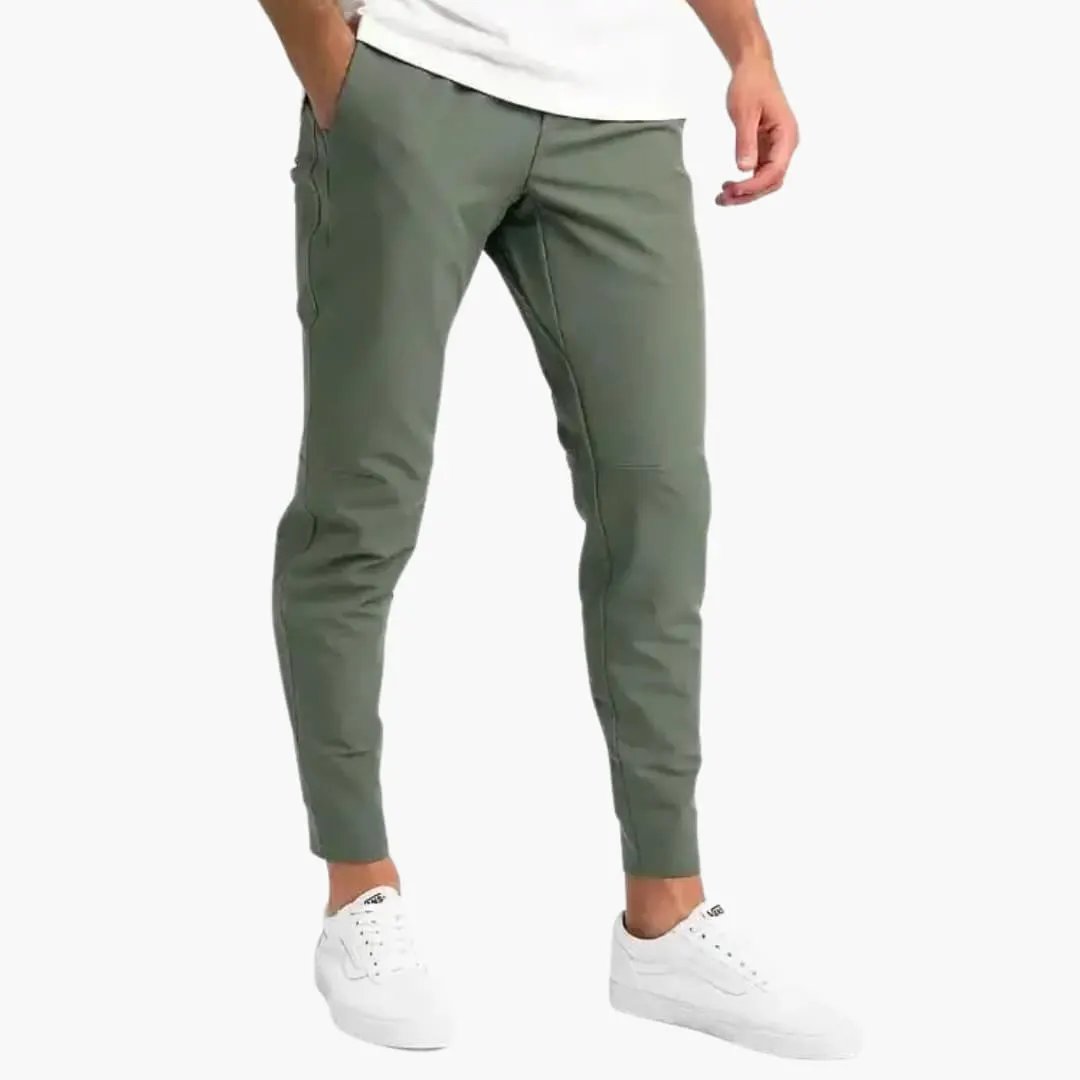 Men's pants with stretch waistband, olive green tapered legs by Wilfred Smith