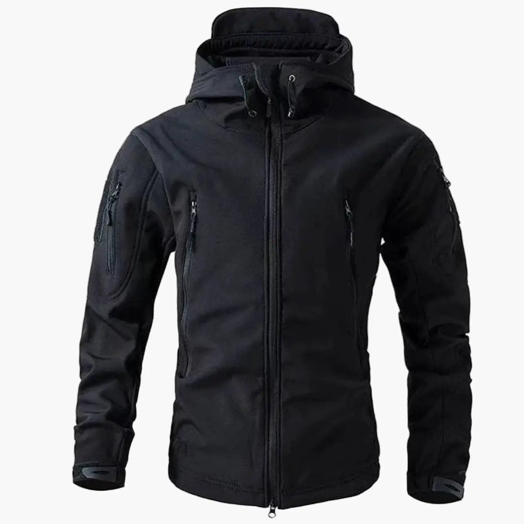 Men's black softshell jacket with hood and zip pockets by Wilfred Smith