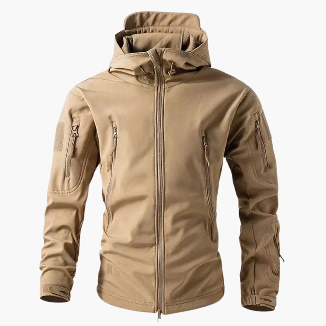 Men's tan softshell jacket with hood and zip pockets