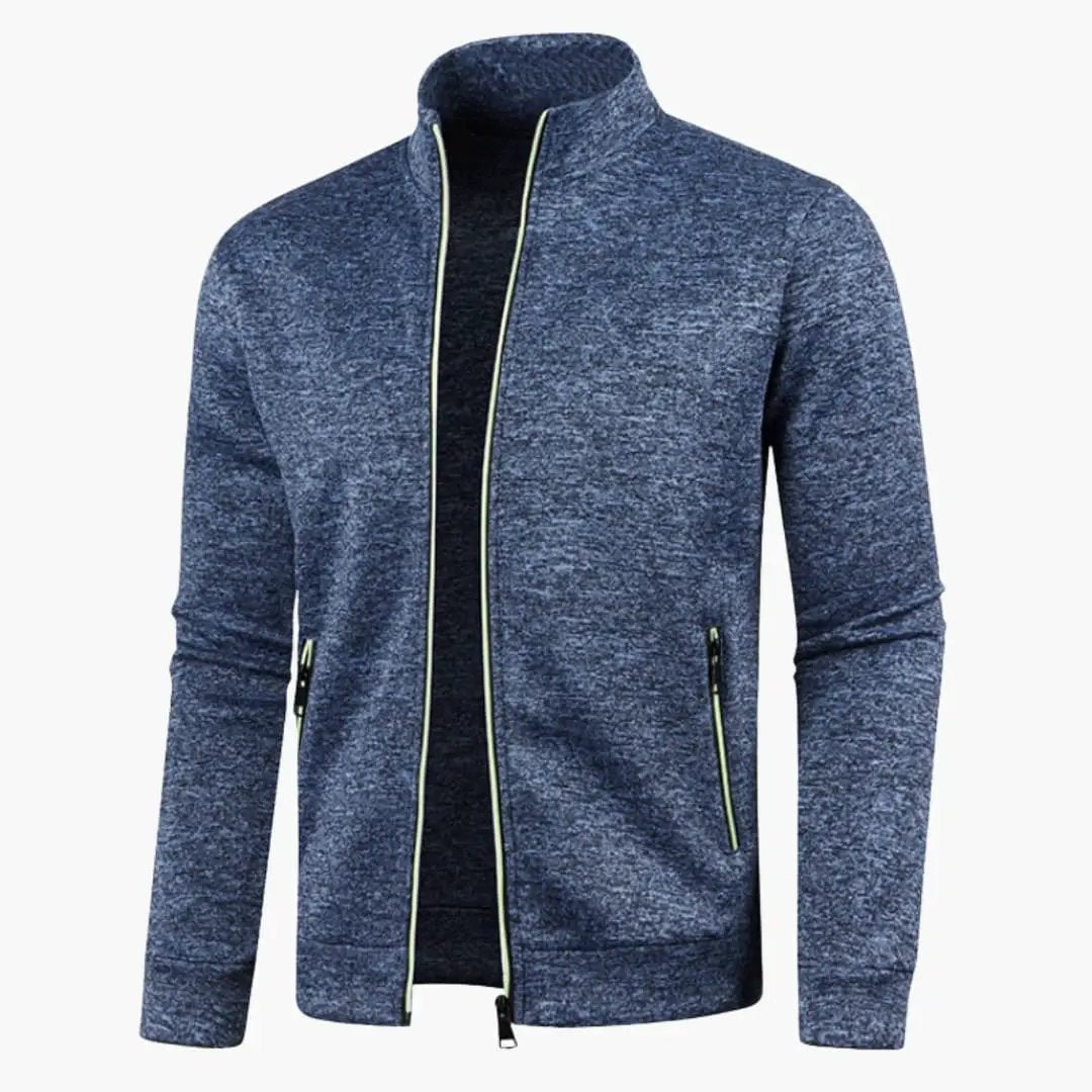 Men's bomber jacket by Wilfred Smith with stand-up collar and neon zip pockets.