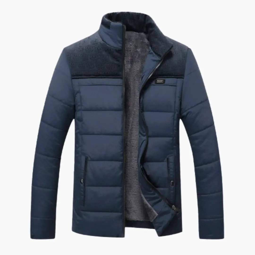 Men's quilted jacket with stand-up collar in navy by Wilfred Smith