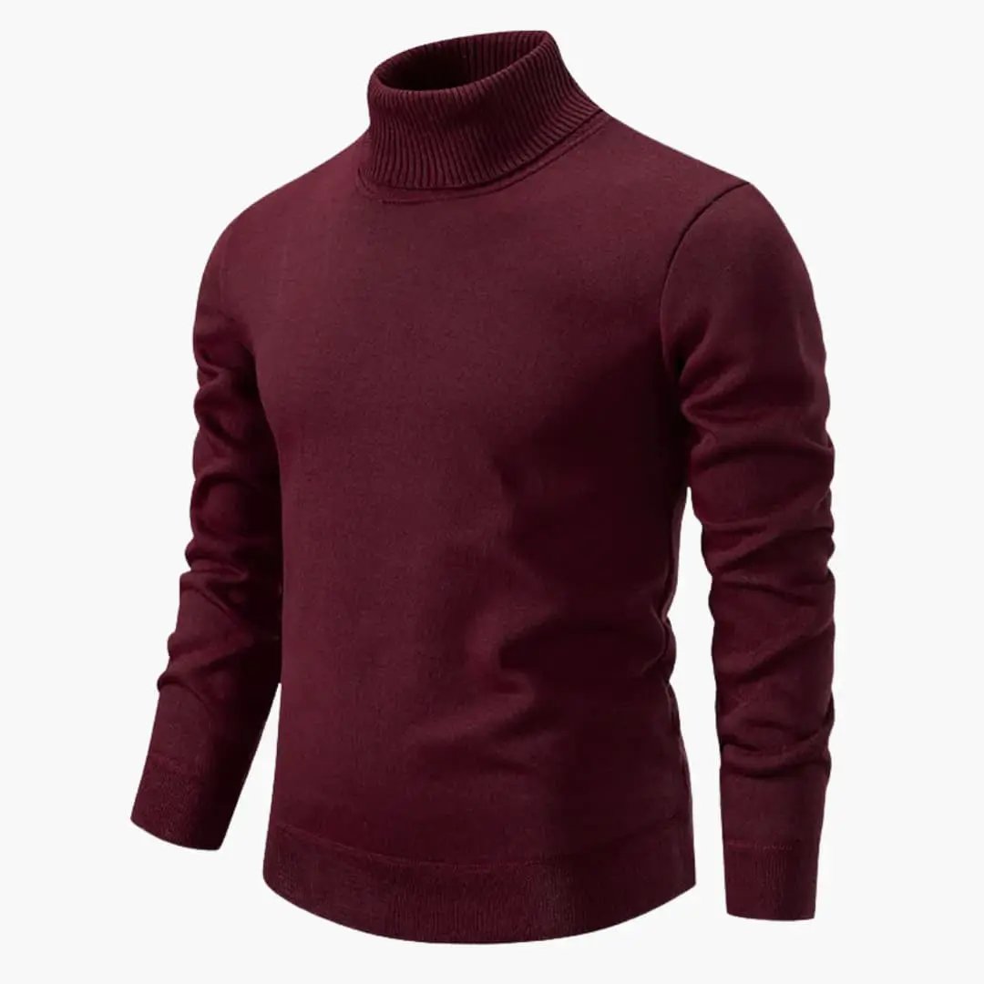 Men's burgundy knitted turtleneck sweater with long sleeves