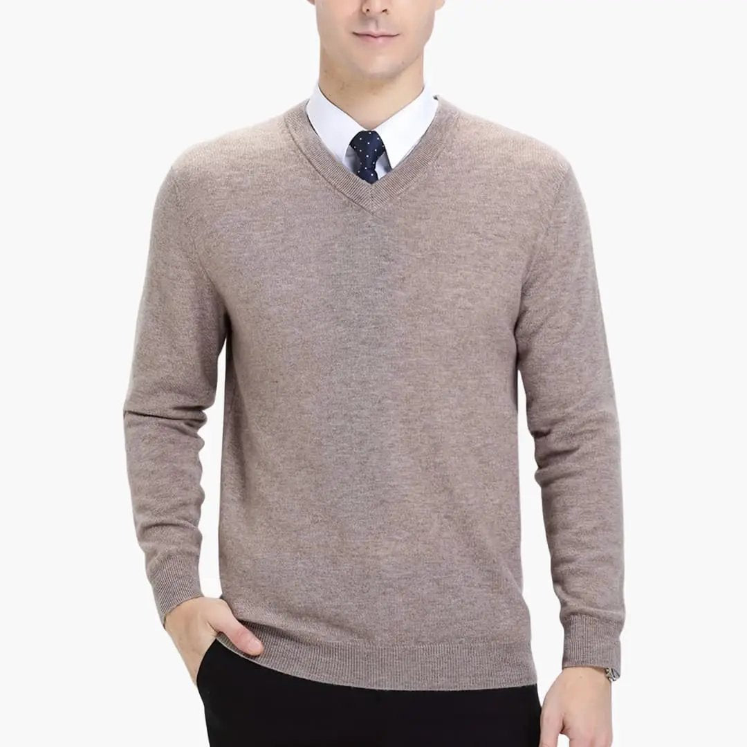 Men's beige V-neck knit sweater with long sleeves for everyday wear
