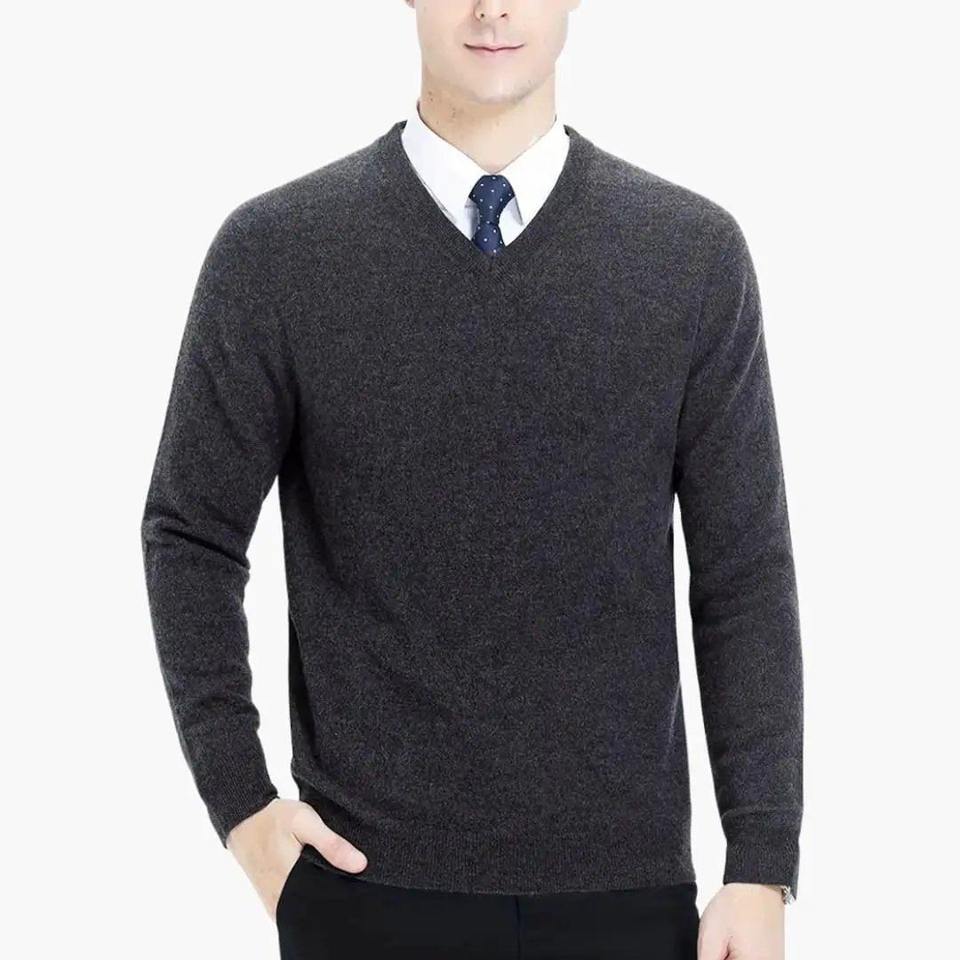 Men's V-neck charcoal gray knit sweater with long sleeves