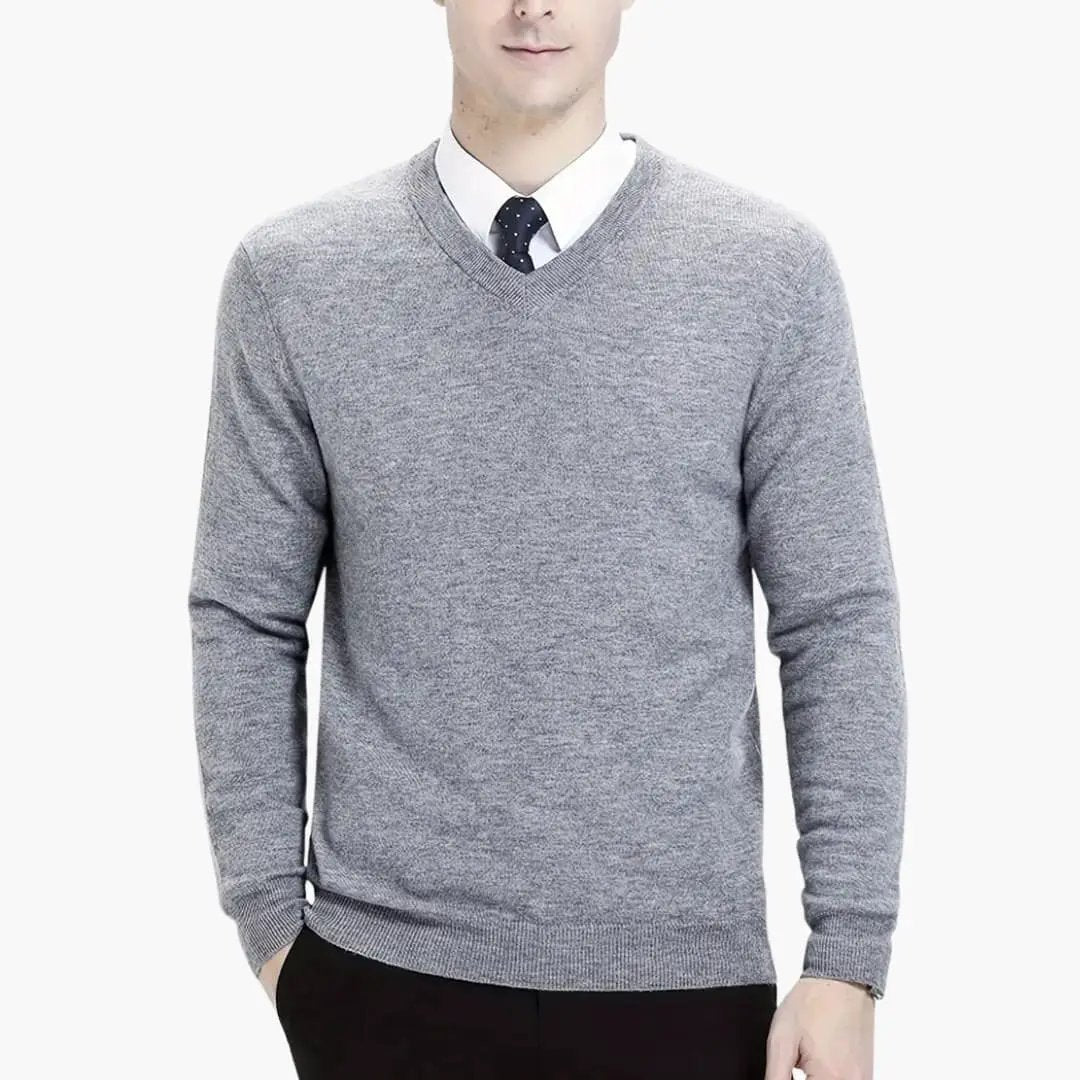 Men's V-neck knitted sweater with long sleeves by Wilfred Smith in heather gray