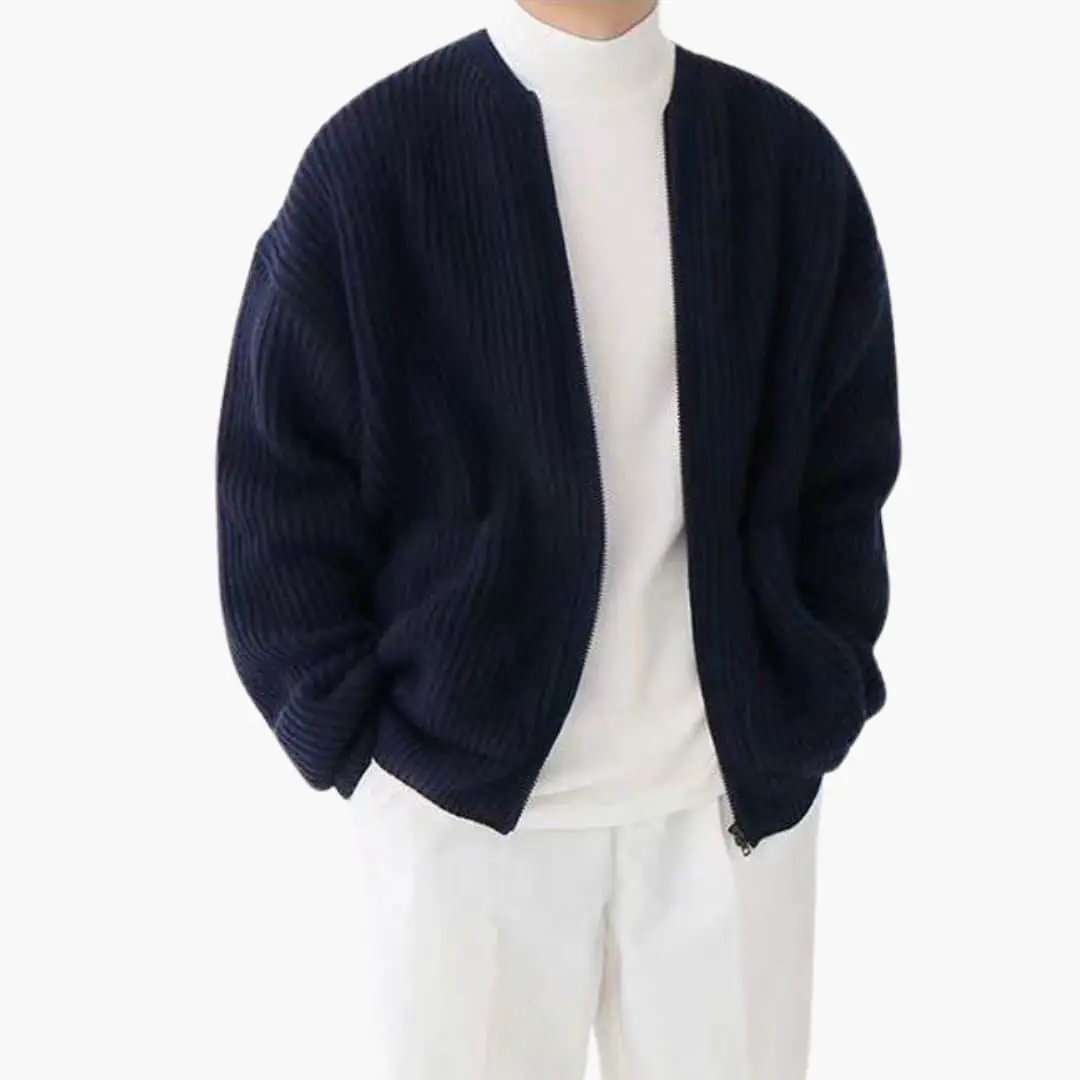 Cardigan for Men in navy corduroy with zip-front by Wilfred Smith for everyday wear
