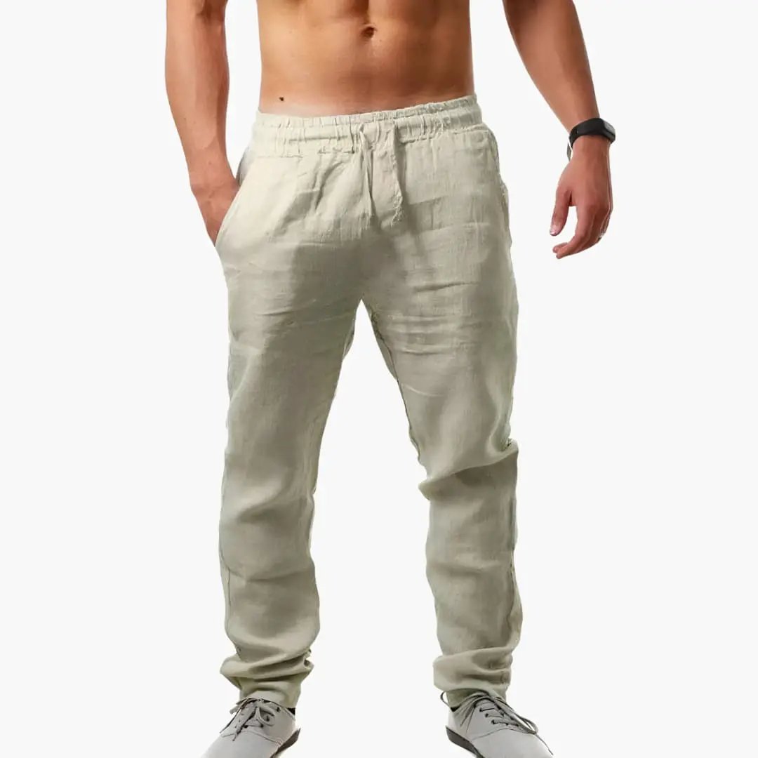 Men's jogging pants with drawstring waist and side pockets in beige by Wilfred Smith