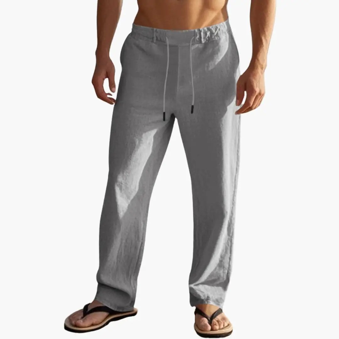 Men’s gray beach trousers with elastic waist and drawstring, boardshorts-style pants