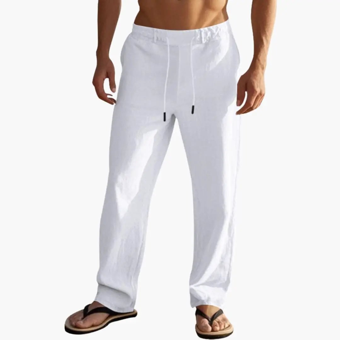 Men’s beach trousers with elastic waist and drawstring, white linen-like fabric