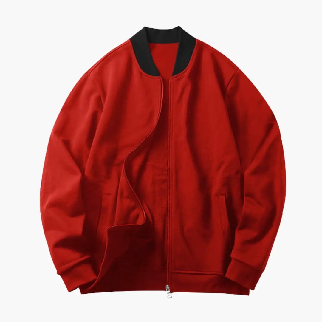 Men's red bomber jacket by Wilfred Smith with concealed zip and elastic cuffs