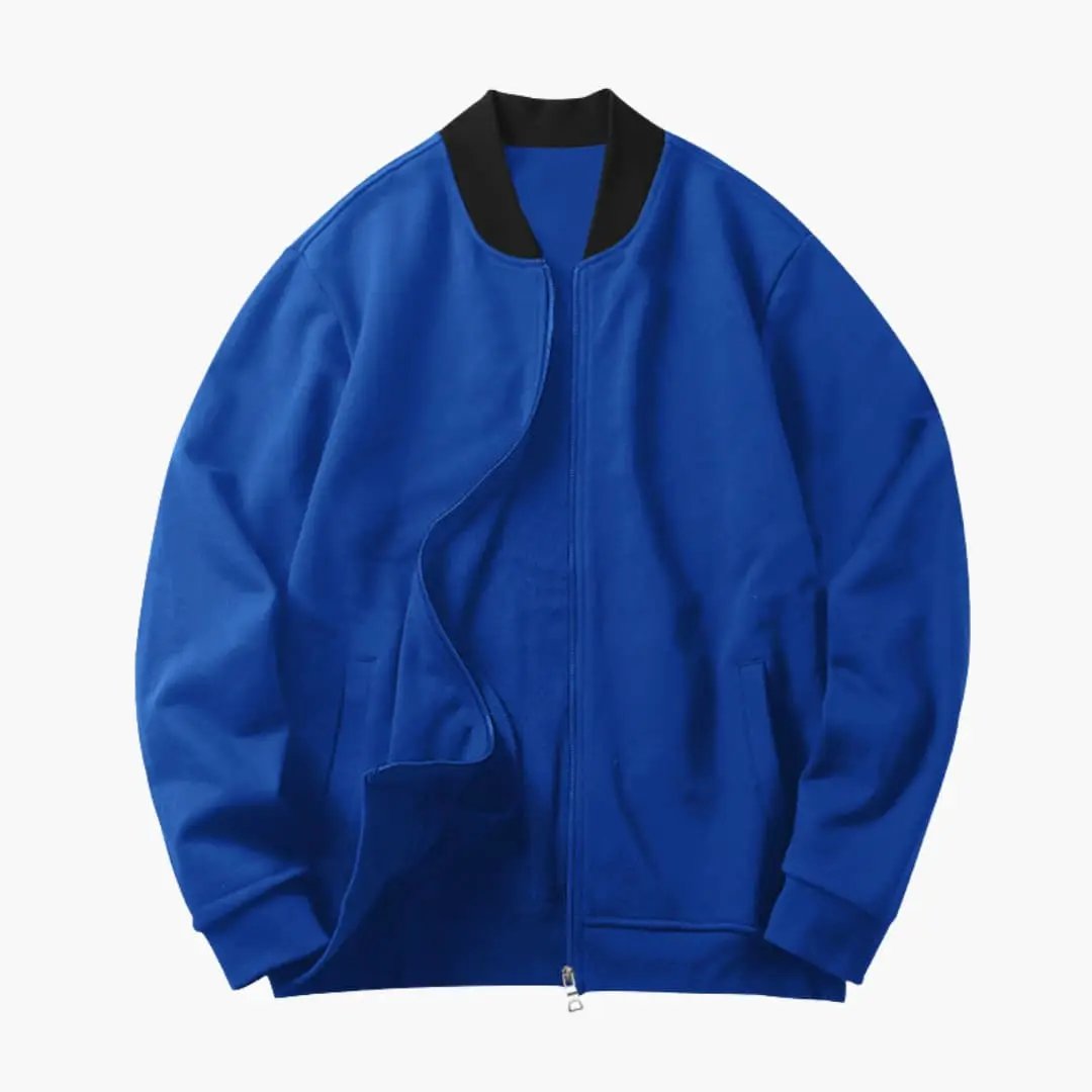 Men’s bomber jacket in royal blue with concealed zipper and elastic cuffs