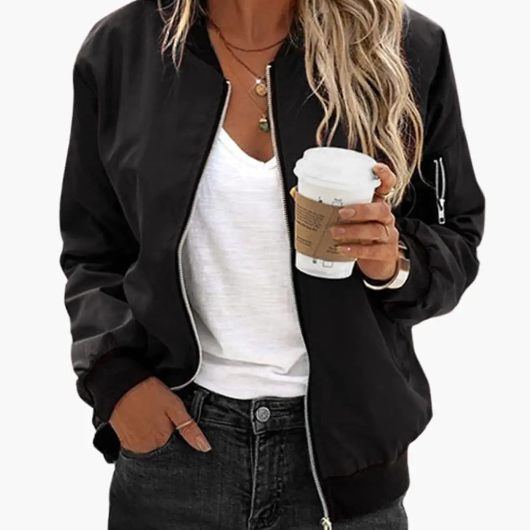 Men’s bomber jacket in black with zip-front closure and ribbed cuffs and hem by Wilfred Smith