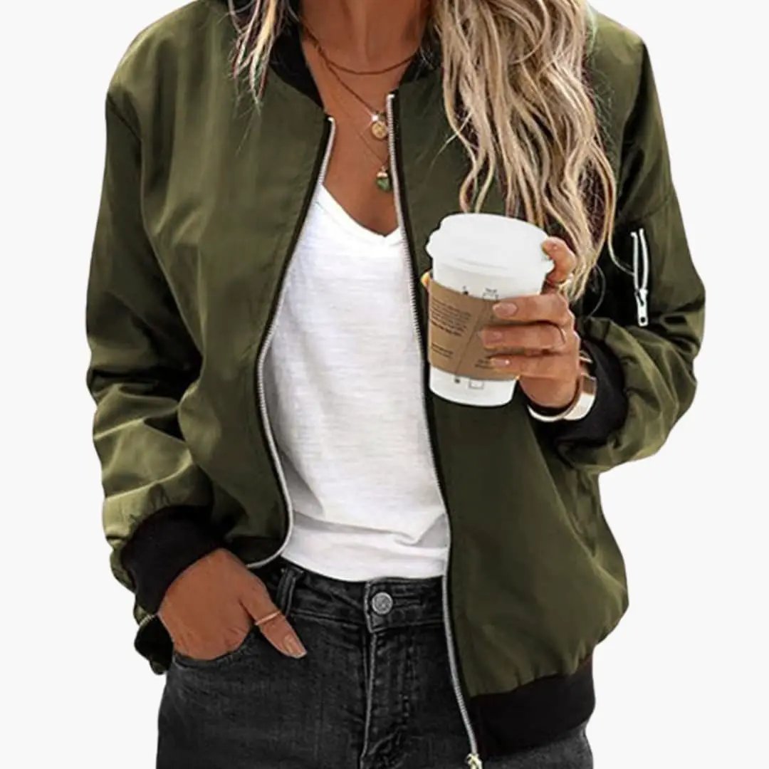 Men’s bomber jacket olive green with front zip and ribbed cuffs and hem — Wilfred Smith