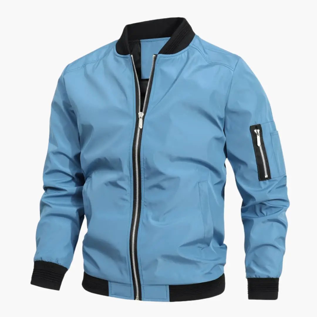 Men’s bomber jacket, light blue with black ribbed cuffs and collar, front zip and long sleeves.