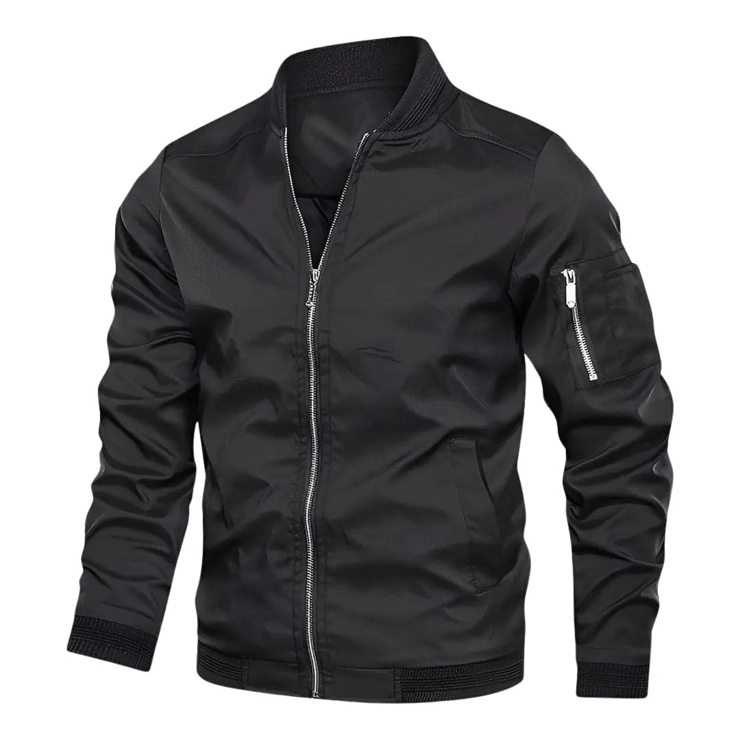 Men’s black bomber jacket with long sleeves, full-zip front and side pockets