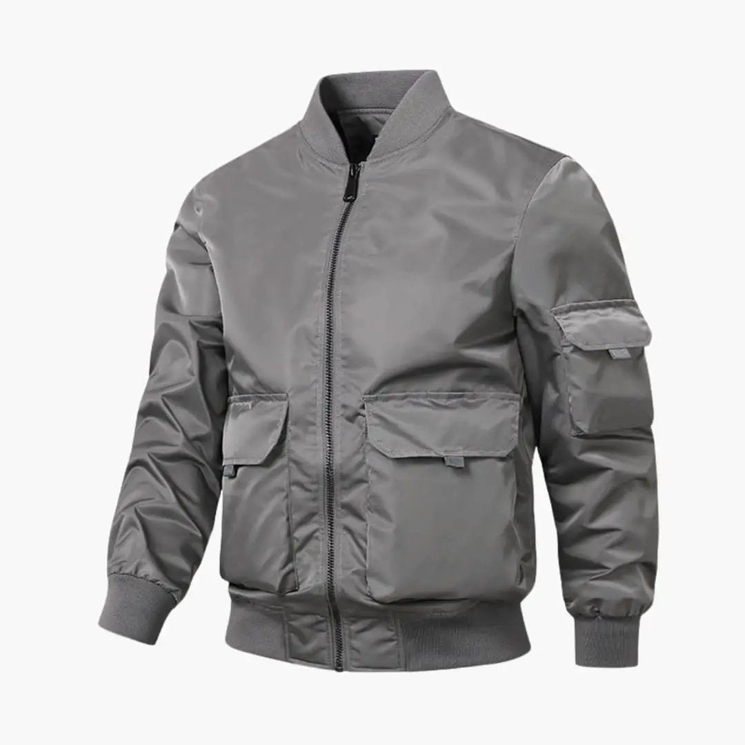 Men’s bomber jacket with patch pockets and elastic cuffs in gray by Wilfred Smith