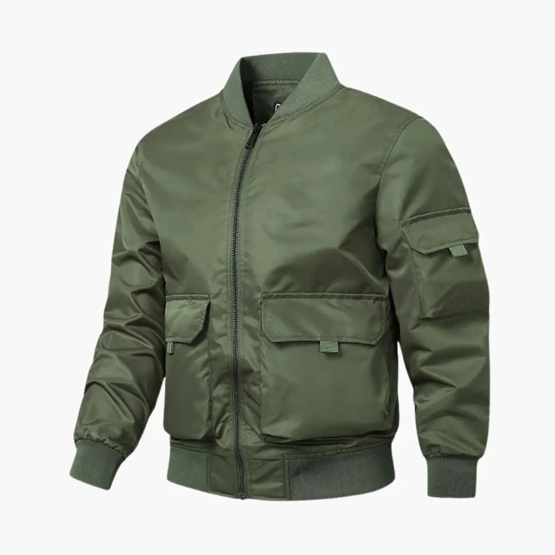 Men’s bomber jacket by Wilfred Smith in olive green with patch pockets and elastic cuffs.