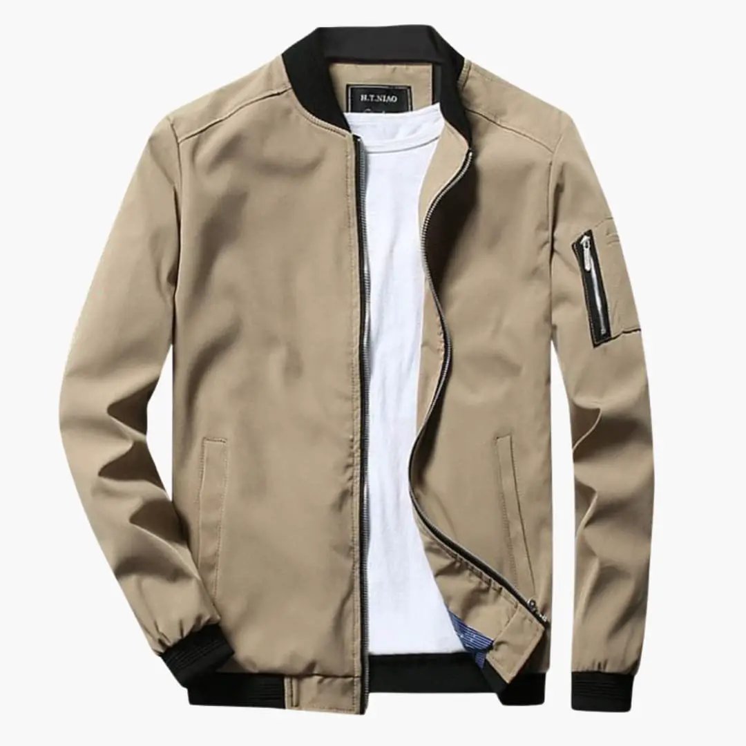 Men's bomber jacket Wilfred Smith in tan with black ribbed collar and cuffs, zip pockets