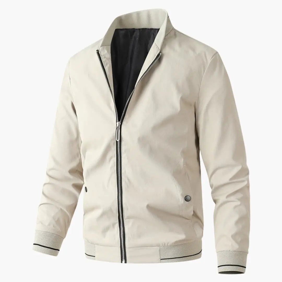 Men’s bomber jacket in beige with zip front, elastic cuffs and waistband.