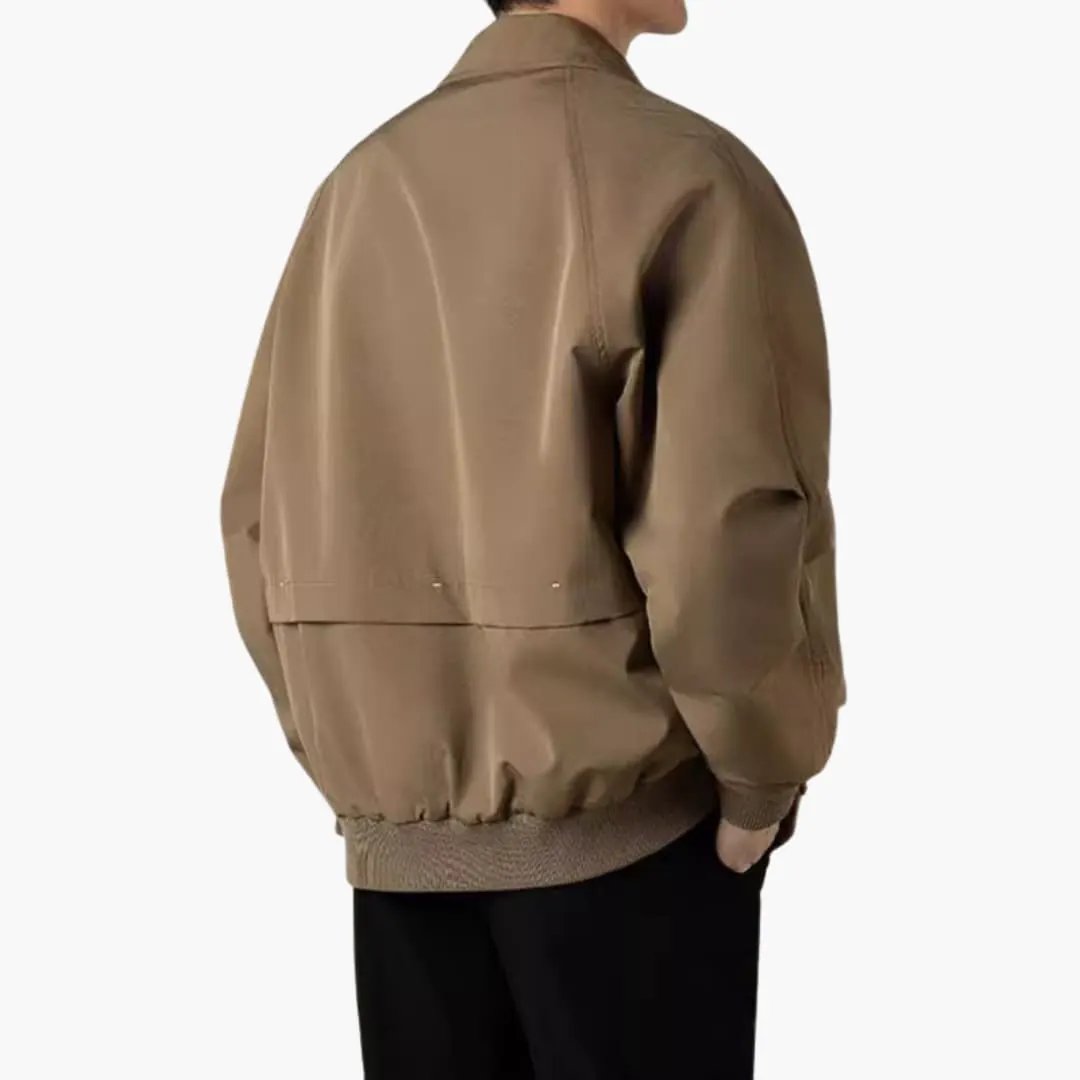 Men’s bomber jacket in taupe, back view with elastic ribbed hem and cuffs