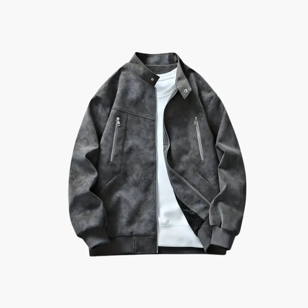 Men's bomber jacket with zip front, long sleeves, gray wash and zip pockets.