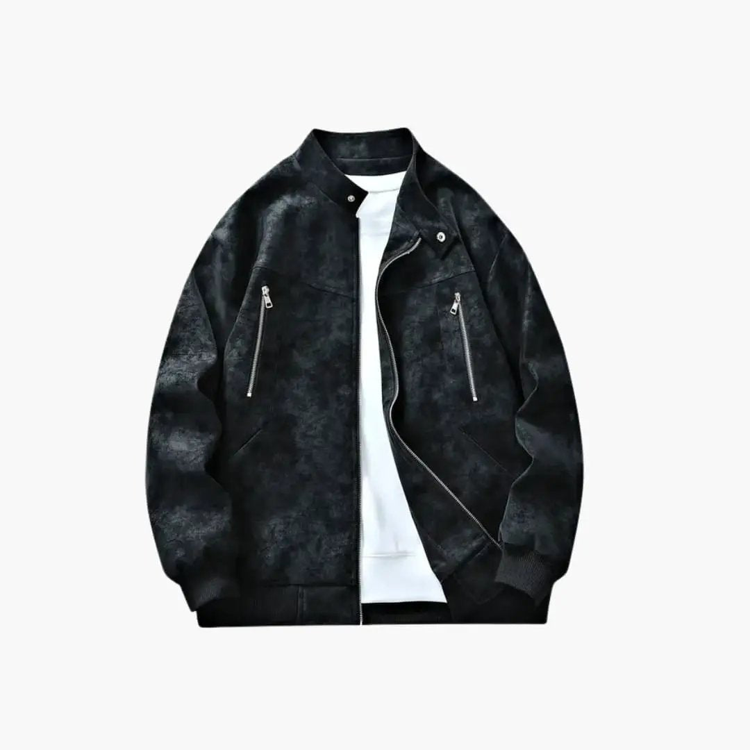 Men's Bomber Jacket by Wilfred Smith with zip front, twin zip pockets, black wash, long sleeves
