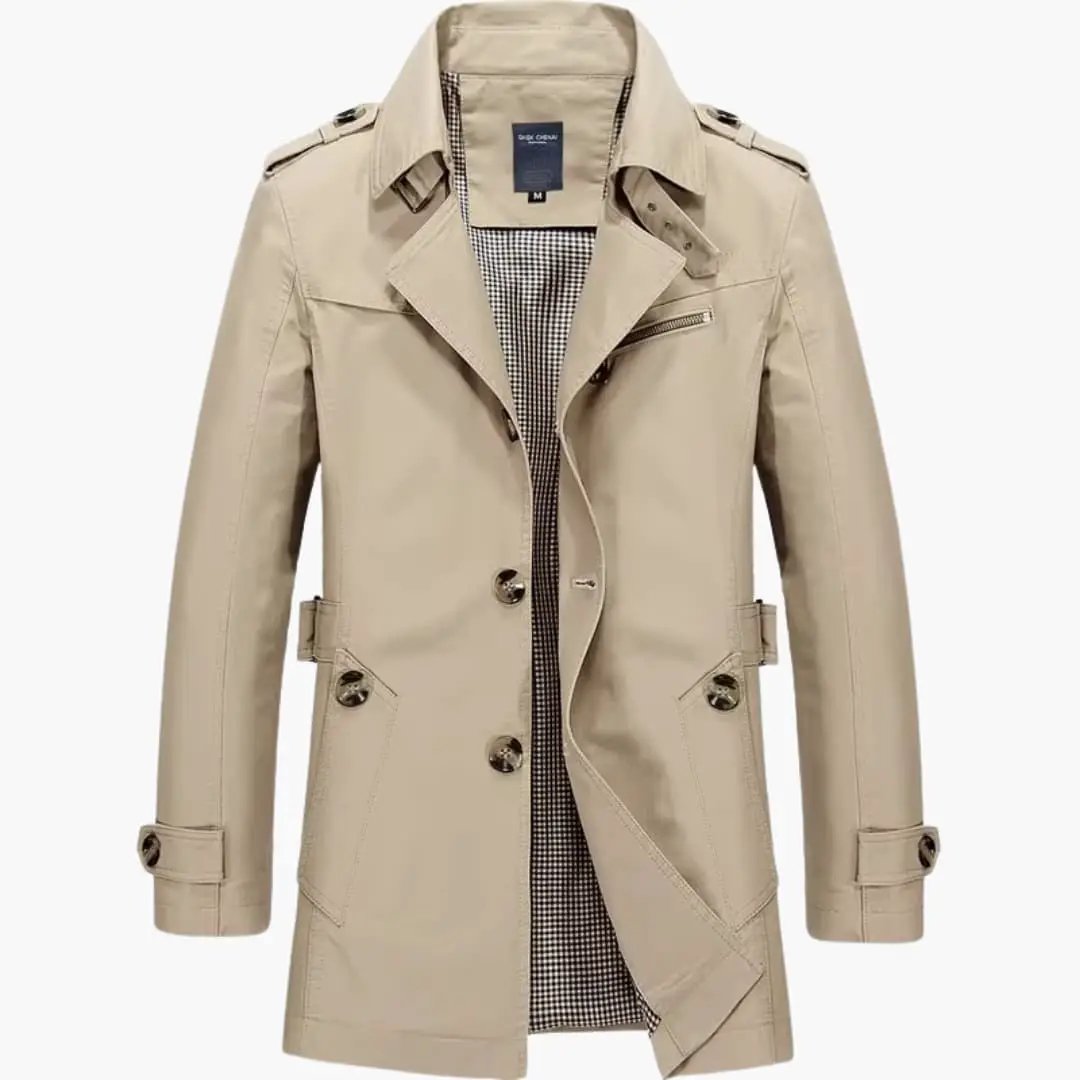 Men's Button Front Trench Coat in beige by Wilfred Smith with long sleeves and checkered lining