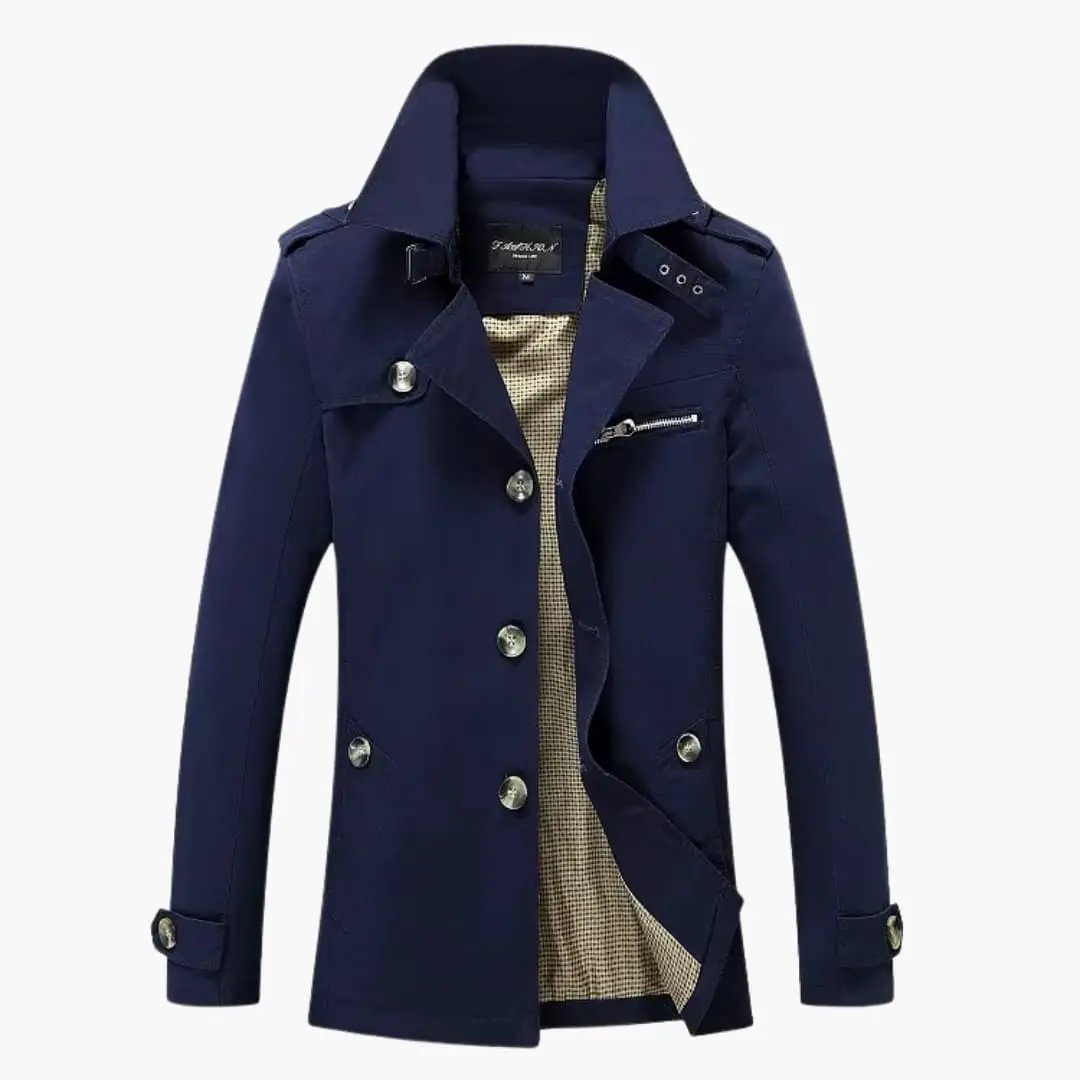 Men's Button Front Trench Coat by Wilfred Smith in navy with beige lining