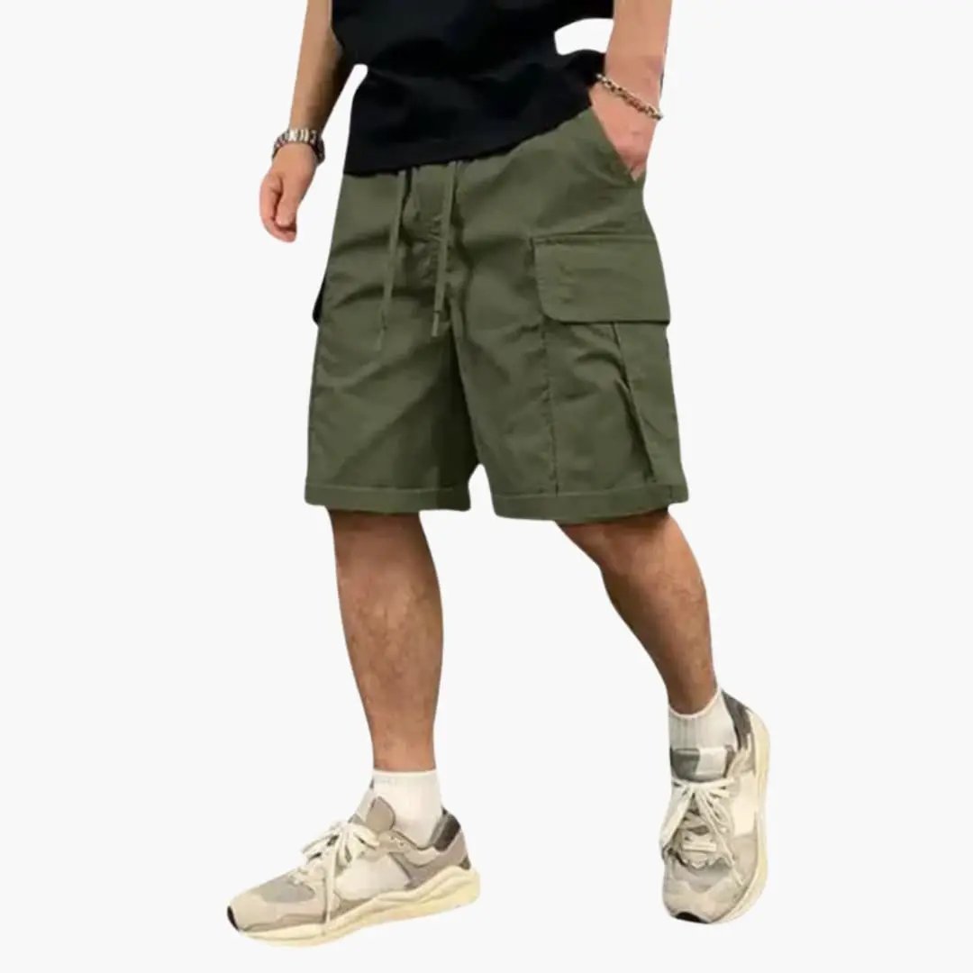 Men's cargo shorts with drawstring and flap pockets, knee-length olive green