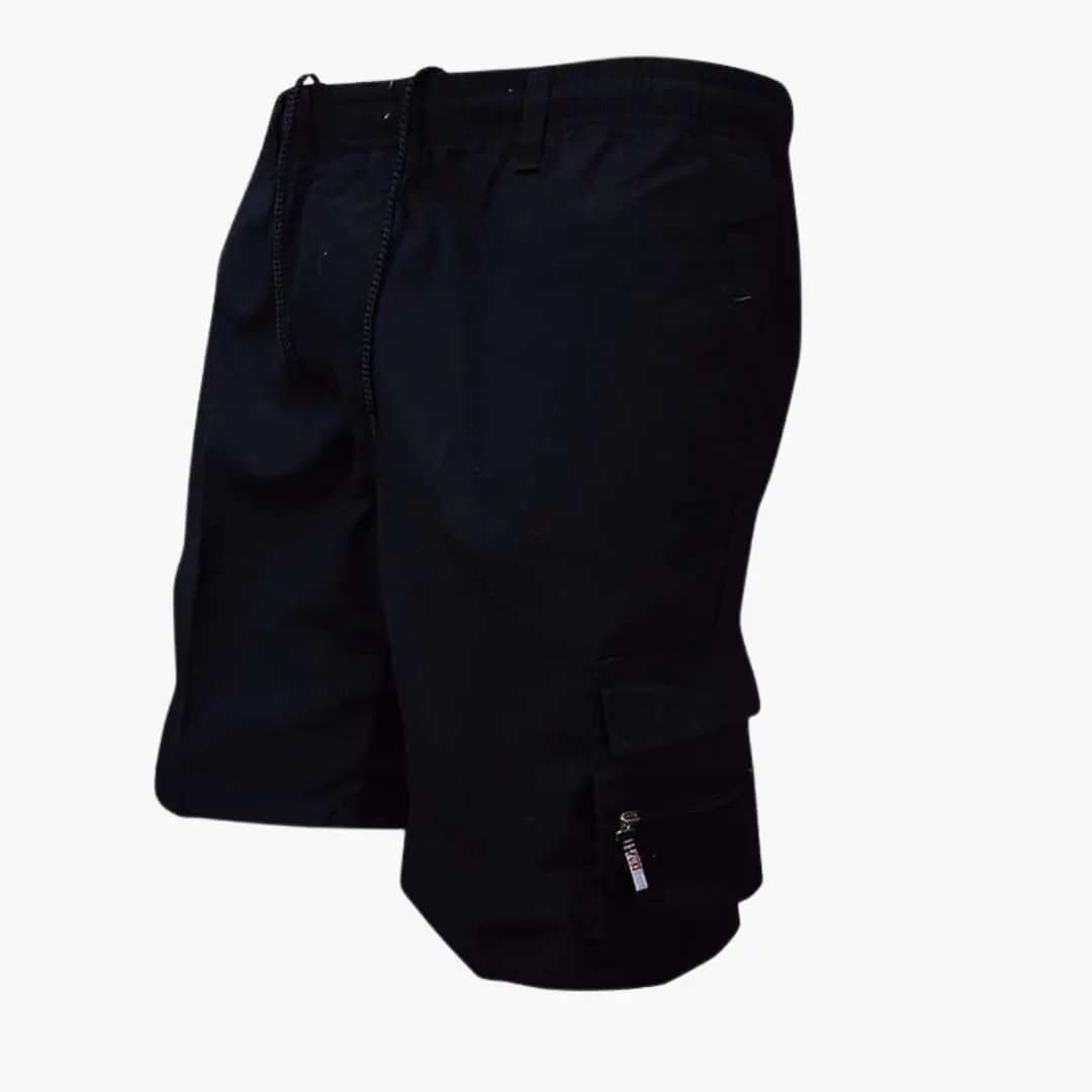 Men's knee-length cargo shorts in black with drawstring waist and flap pockets.