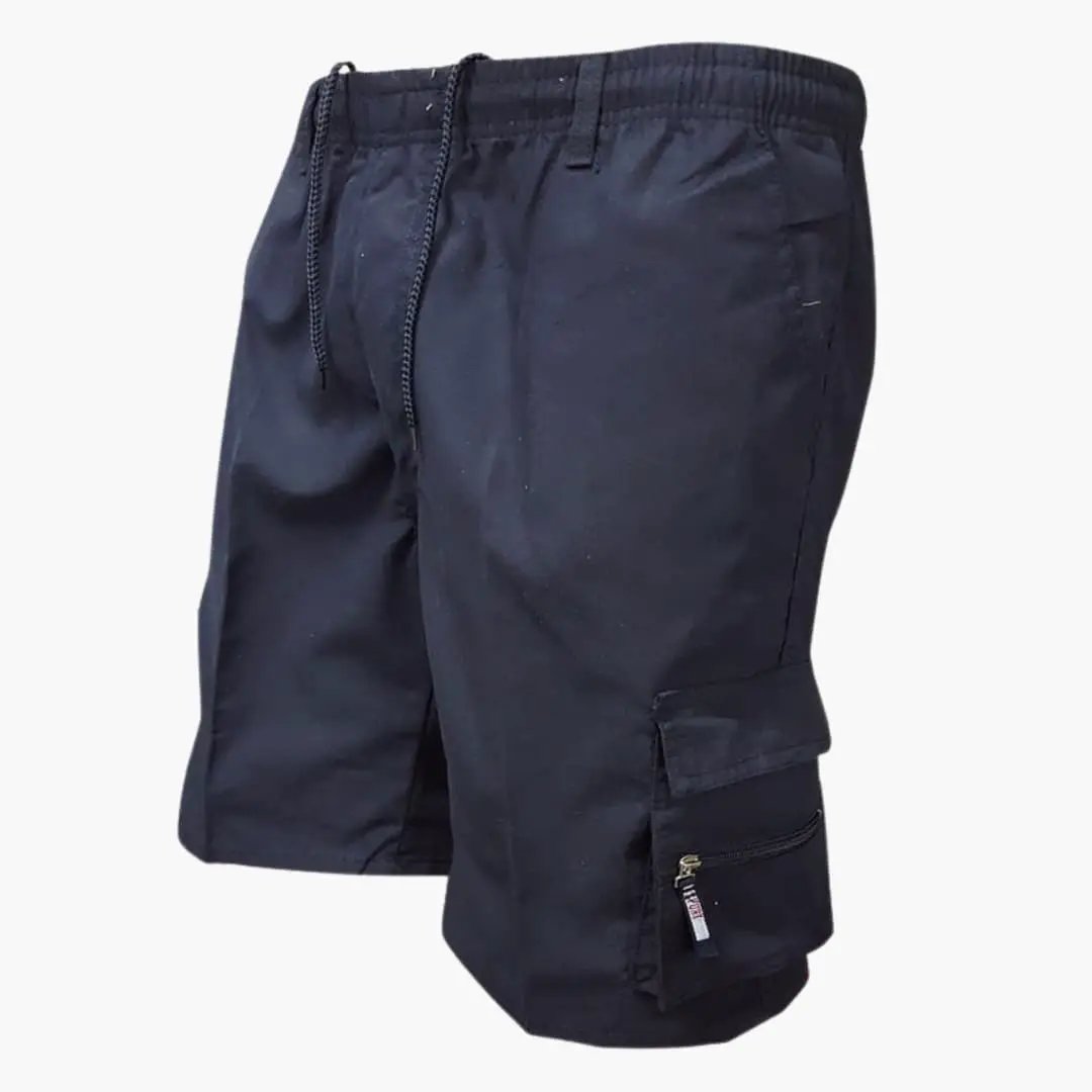Men's knee-length navy cargo shorts with drawstring and flap pockets by Wilfred Smith