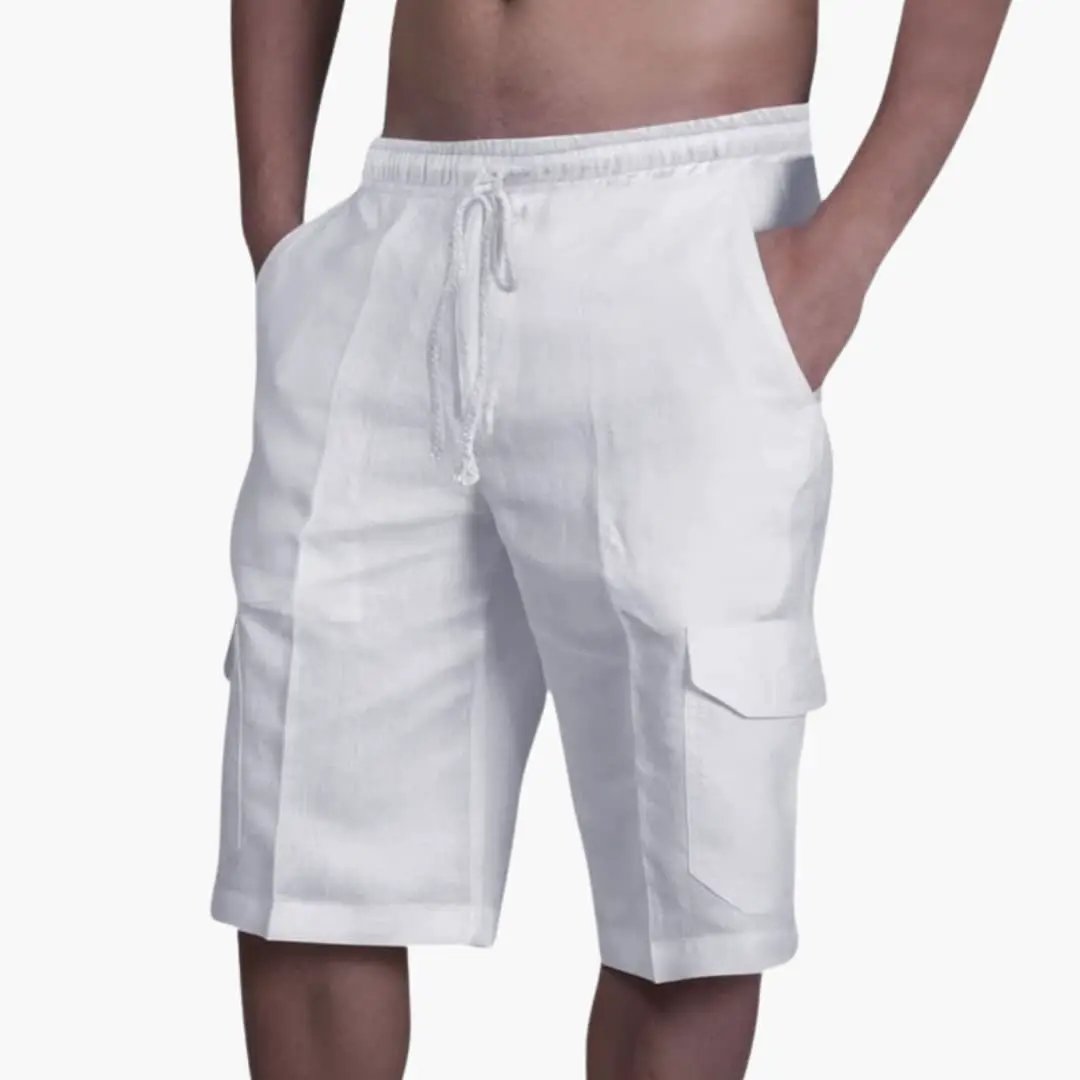 Men's cargo shorts knee-length white with drawstring and cargo pockets