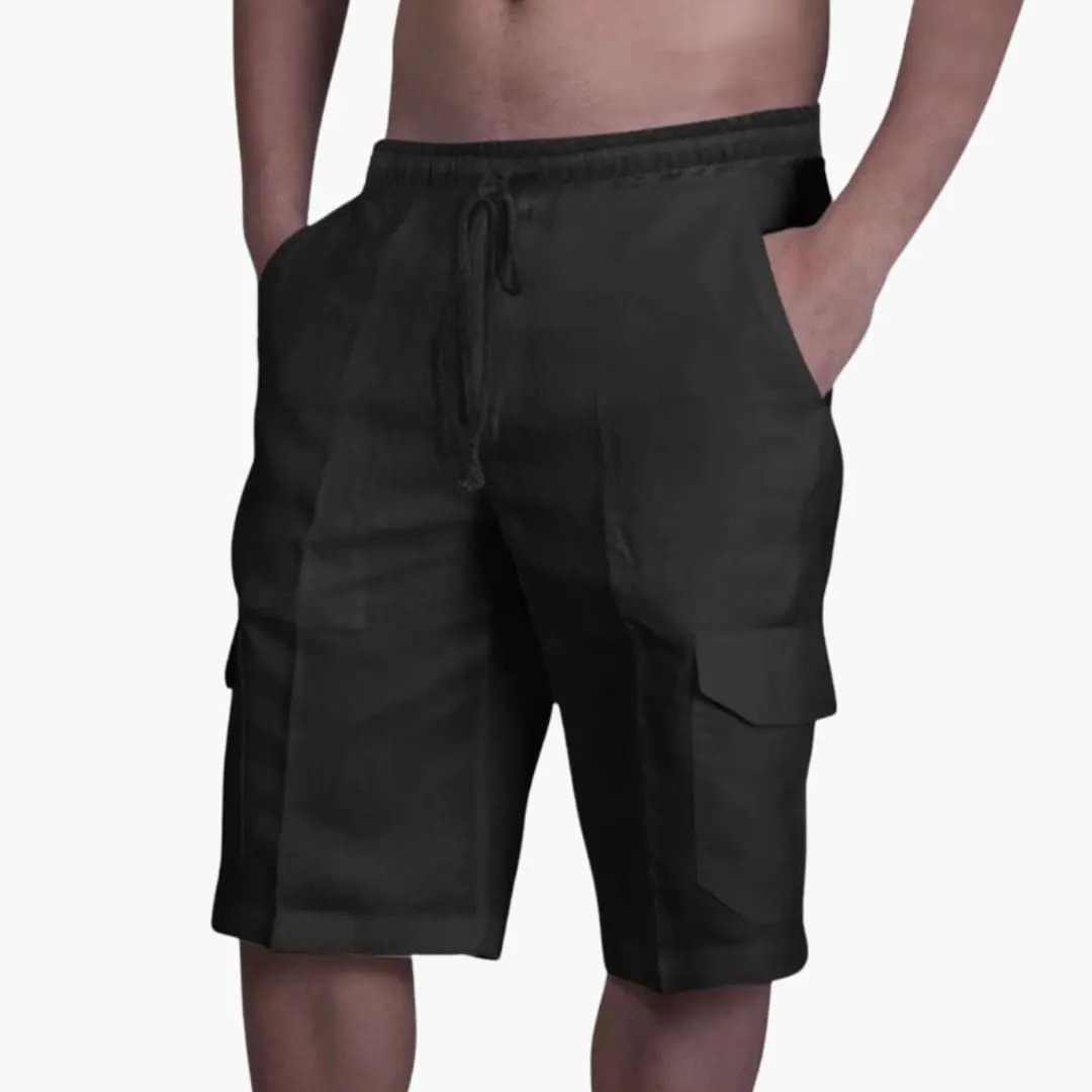 Men's black cargo shorts with drawstring, knee-length and multiple cargo pockets.