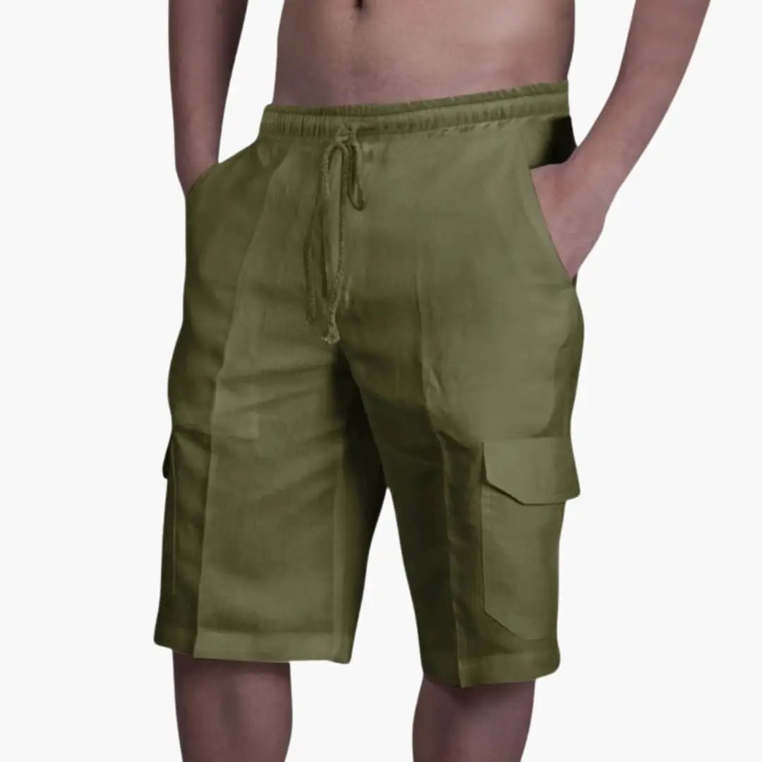 Men's cargo shorts with drawstring, knee-length olive green, multiple pockets by Wilfred Smith.