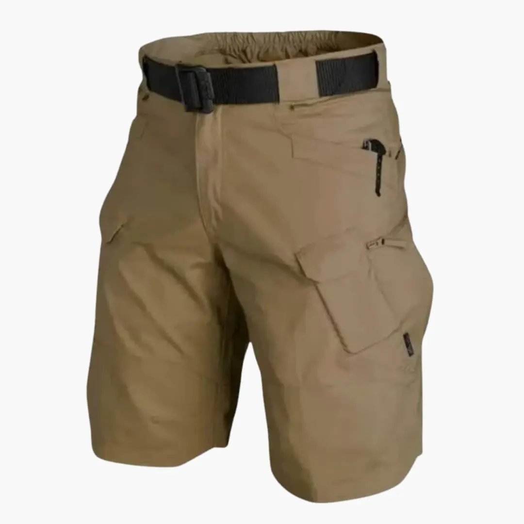 Men's Cargo Shorts with Integrated Belt in khaki, featuring zip pockets by Wilfred Smith