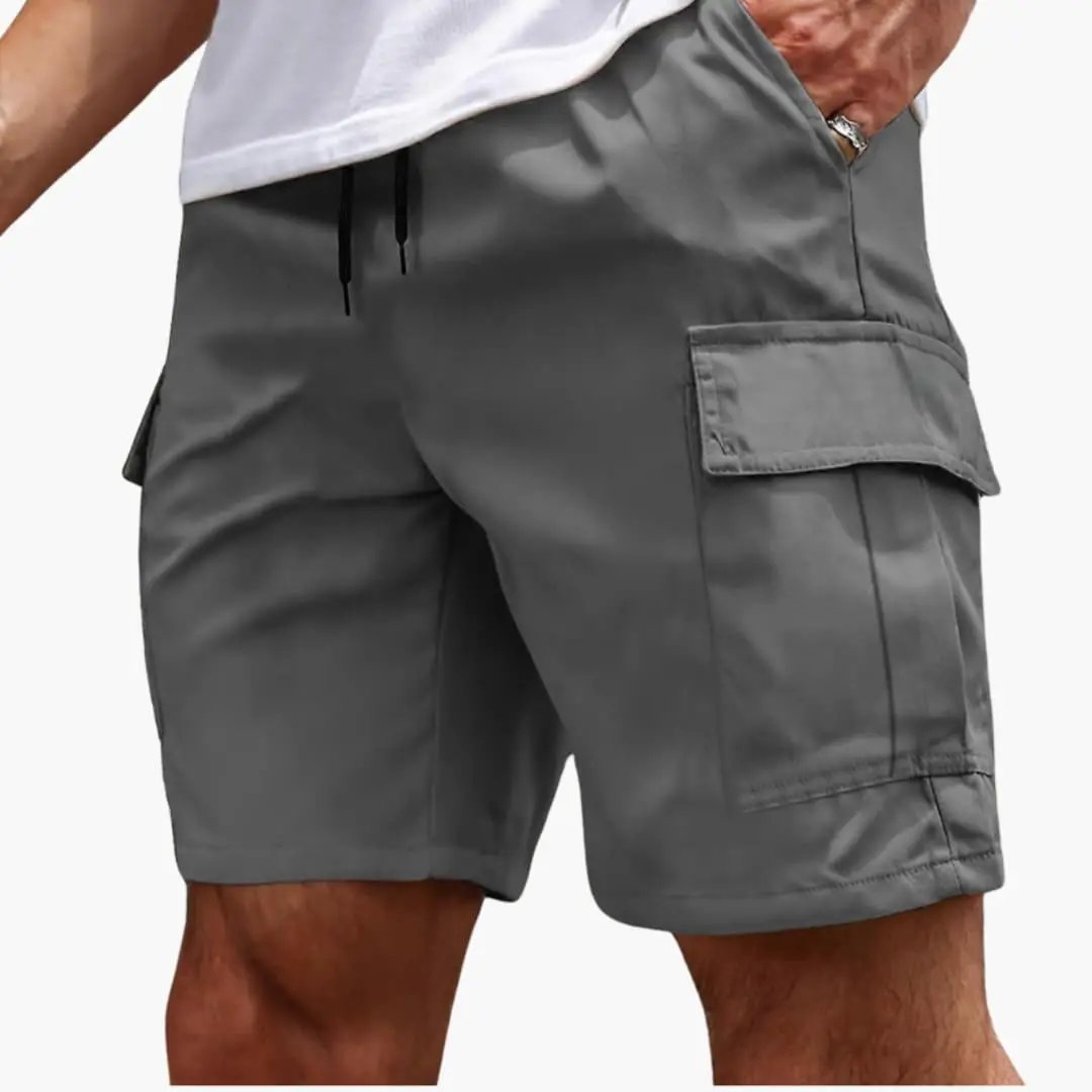Men's cargo shorts knee-length in grey with side cargo pockets and a drawstring waist, Wilfred Smith
